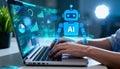 A futuristic concept image of artificial intelligence and digital assistance, showing a person typing on a laptop while a glowing Royalty Free Stock Photo