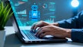 A futuristic concept image of artificial intelligence and digital assistance, showing a person typing on a laptop while a glowing Royalty Free Stock Photo
