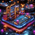 Futuristic concept image featuring a smartphonetablet with advanced, neon-lit design and sleek interface Surrounded by