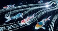 Futuristic Koi Fish Swimming Through Digital Data Stream, Cyberpunk Concept Royalty Free Stock Photo
