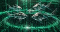 Digital Sharks in Neon Green Binary Code Matrix Cyberpunk Data Stream Background Royalty Free Stock Photo