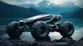 A futuristic concept of an off road or all-terrain (ATV) vehicle in dark blue and green colors in mountains Royalty Free Stock Photo