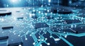 Advanced Artificial Intelligence Microchip with Glowing Blue Data Traces Circuit Board Royalty Free Stock Photo