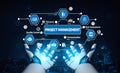 Futuristic Concept of Project Management with Robotic Hands and Digital Icons Symbolizing Key Elements like Royalty Free Stock Photo
