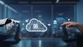 Futuristic Concept of Robot Hand and Human Hand Interacting with Cloud Storage Symbol and Digital Interface in Modern Royalty Free Stock Photo