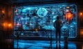 Futuristic concept room with holographic projection of technical blueprints and schematics across an interactive workspace Royalty Free Stock Photo