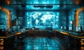 Futuristic concept room with holographic projection of technical blueprints and schematics across an interactive workspace Royalty Free Stock Photo