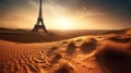 Futuristic concept of saving planet. Parisian Eiffel Tower in desert sands. AI generated.