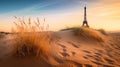 Futuristic concept of saving planet. Parisian Eiffel Tower in desert sands. AI generated.