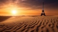 Futuristic concept of saving planet. Parisian Eiffel Tower in desert sands. AI generated.