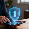 3D Holographic Security Shield Floating Over Digital Tablet Royalty Free Stock Photo