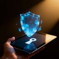 3D Holographic Security Shield Floating Over Digital Tablet Royalty Free Stock Photo
