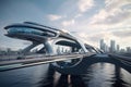 futuristic and conceptual bridge, with futuristic vehicles traveling across it