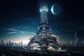 futuristic and conceptual version of the eiffel tower, with futuristic additions such as solar panels and led lights