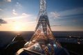 futuristic and conceptual version of the eiffel tower, with futuristic additions such as solar panels and led lights
