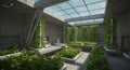 Futuristic concrete atrium with vibrant vertical farm Royalty Free Stock Photo