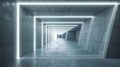 Futuristic concrete corridor background, minimalist design of grey garage with lines of led light. Perspective view of tunnel or