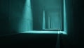 Futuristic concrete corridor with dramatic teal lighting and shadows Royalty Free Stock Photo