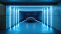 Futuristic concrete garage background, car inside dark parking with lines of blue led light, interior of modern hall. Concept of Royalty Free Stock Photo