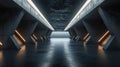 Futuristic concrete hallway background, dark garage or hall with grey walls and led light, inside warehouse or room of modern