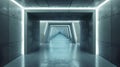 Futuristic concrete tunnel background, perspective view of hallway and lines of led neon light. Modern empty abstract garage.