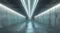 Futuristic concrete tunnel background, perspective view of underground hallway and lines of led neon light. Modern empty abstract