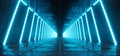 Futuristic concrete tunnel, hallway with neon cyber glowing blue lines