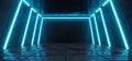 Futuristic concrete tunnel, hallway with neon cyber glowing blue lines