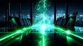 Futuristic Conference Room Featuring a Glowing Globe and Electric Energy Visualization in a High-Tech Urban Environment Royalty Free Stock Photo