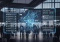 Futuristic conference room with holographic data visualization and people interacting Royalty Free Stock Photo