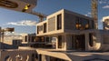 Futuristic construction robots assembling modern homes at urban development sites aerial digital rendering