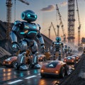 Futuristic Construction Robots on Building Site