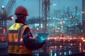 Futuristic construction site with engineer using digital tablet amidst geometric data visualization Royalty Free Stock Photo