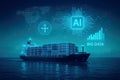 Futuristic container ship navigating the ocean with digital AI and big data graphics cargo ship water Royalty Free Stock Photo