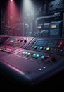 Futuristic control panel with colorful buttons and screens in a dimly lit environment