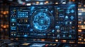 Futuristic Dashboard Screen Displaying Data Analysis and Digital Information with Blue and Black Col Royalty Free Stock Photo