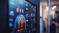 Futuristic control panel displaying system statistics in modern office setting Royalty Free Stock Photo