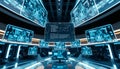 Futuristic Control Panel Displays in a High-tech Room with Glowing Blue Interface Royalty Free Stock Photo