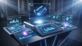 Futuristic Control Panel with Multiple Interactive Holographic Displays and Graphs technology Royalty Free Stock Photo