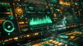 Futuristic control panel with glowing green data analytics charts and graphs on multiple screens, depicting advanced technology Royalty Free Stock Photo