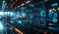 Futuristic control panel with glowing blue and orange digital screens and graphs Royalty Free Stock Photo