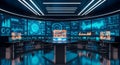 Futuristic control room with advanced technology and data visualization displays Royalty Free Stock Photo
