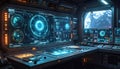 Futuristic Spaceship Control Room with HUD. Royalty Free Stock Photo