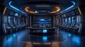 futuristic control room with multiple digital screens and advanced technology in a high tech monitoring center Royalty Free Stock Photo