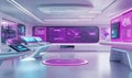 futuristic control room with holographic displays and advanced technology panels glowing in purple and blue neon lights Royalty Free Stock Photo