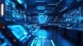 Futuristic control room with advanced technology and neon blue lights Royalty Free Stock Photo