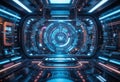 Futuristic control room with blue and orange glowing technology elements Generative AI Royalty Free Stock Photo