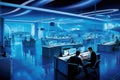Futuristic Control Room with City Skyline View Royalty Free Stock Photo