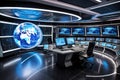 a futuristic control room with computers and a large globe Royalty Free Stock Photo