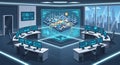 Futuristic Control Room with Digital Cityscape and Multiple Computer Screens Royalty Free Stock Photo